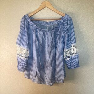 Lapis Coastal Boho Chic Blouse Women’s Large Romantic Blue Feminine Lace Sleeve